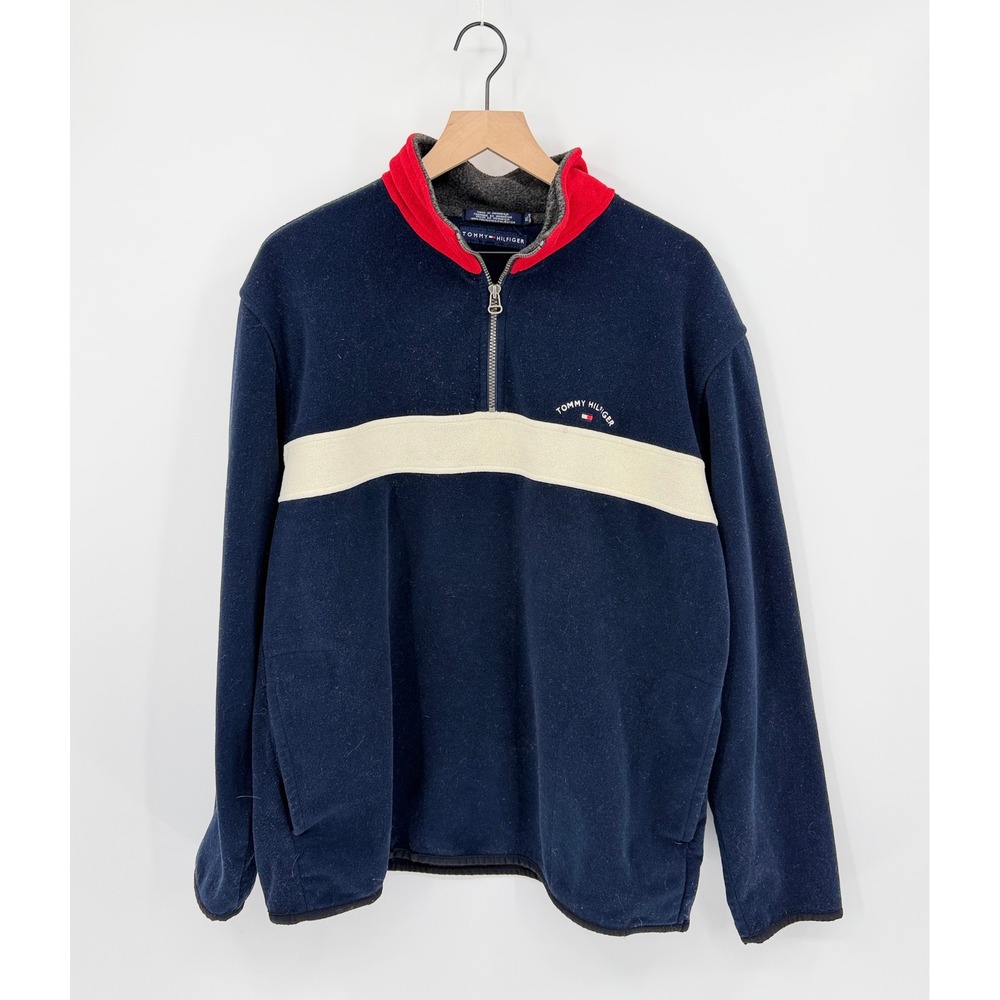 Vintage Tommy Hilfiger Fleece Pullover Quarter Zip Colorblock Preppy Mens XL